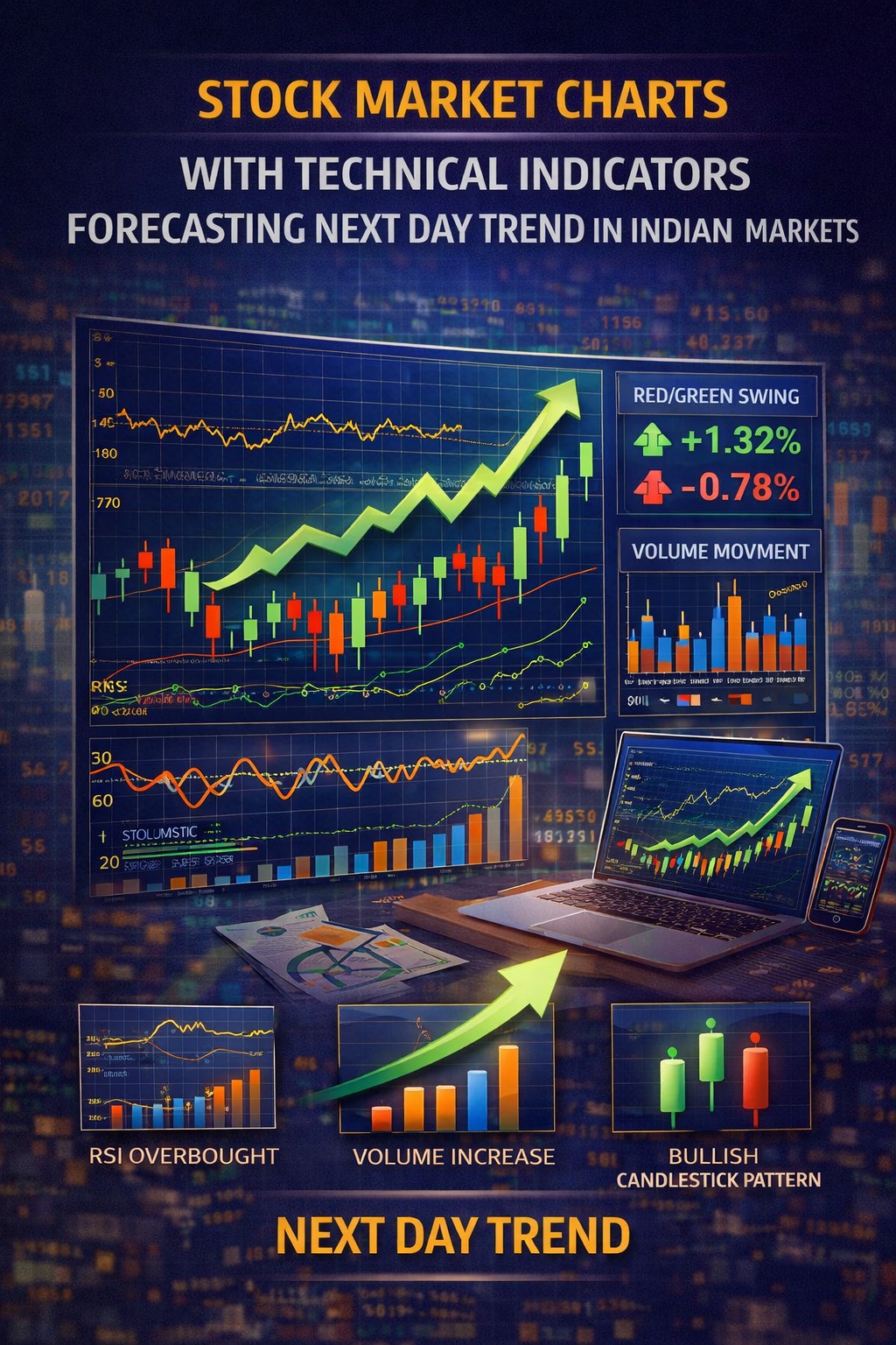 Stock market charts with technical indicators forecasting next day trend in Indian markets